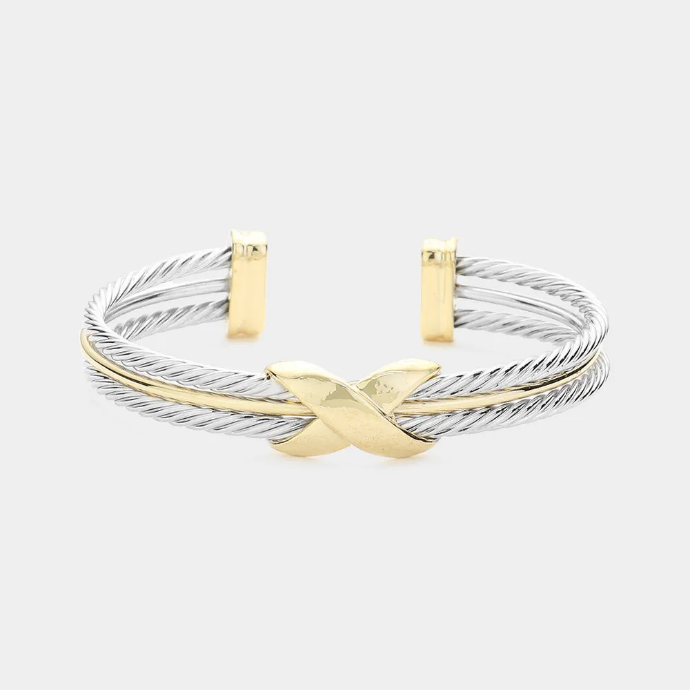 14K Gold Plated Two Tone Crisscross Cuff Bracelet-M H W ACCESSORIES