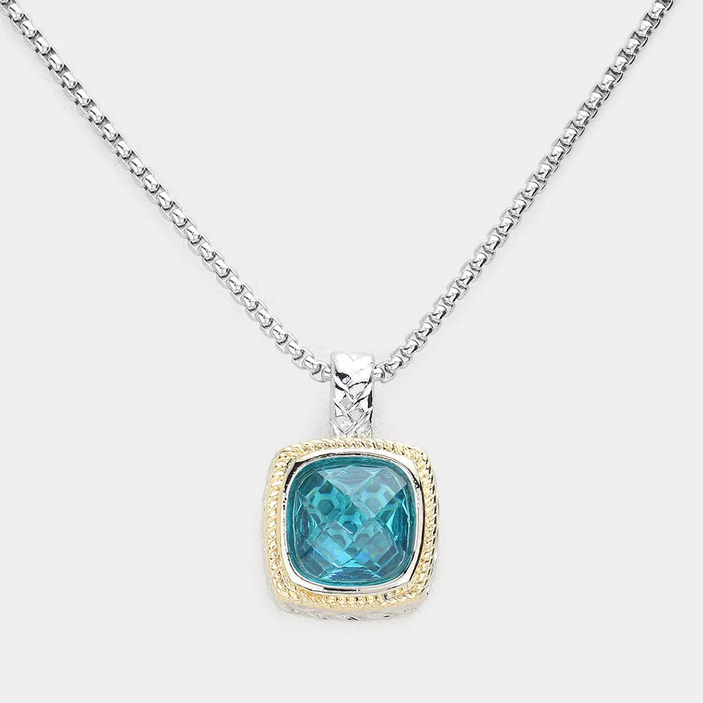 Aqua Square CZ Pendant Necklace- M H W ACCESSORIES