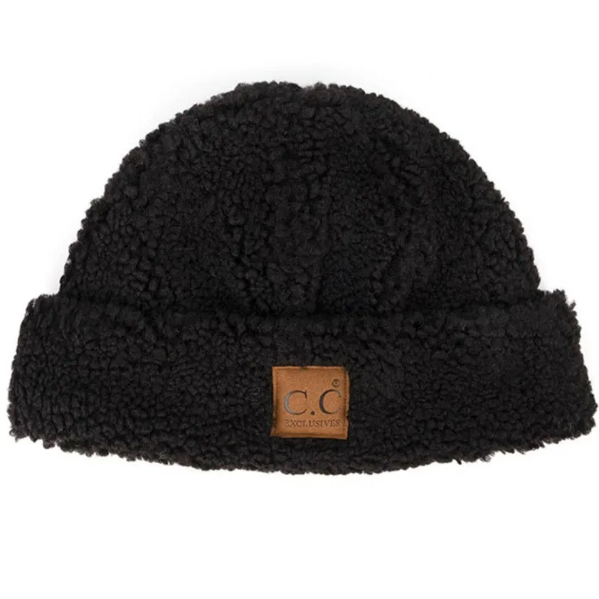 C.C Sherpa Cuff Beanie Hat with C C Suede Logo