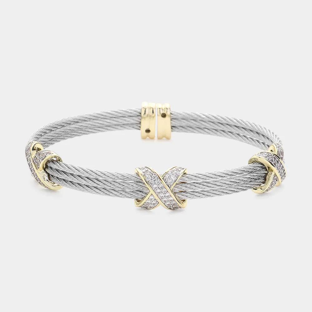 CZ Crisscross Two Tone Cuff Bracelet-M H W ACCESSORIES