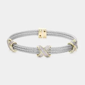 CZ Crisscross Two Tone Cuff Bracelet-M H W ACCESSORIES