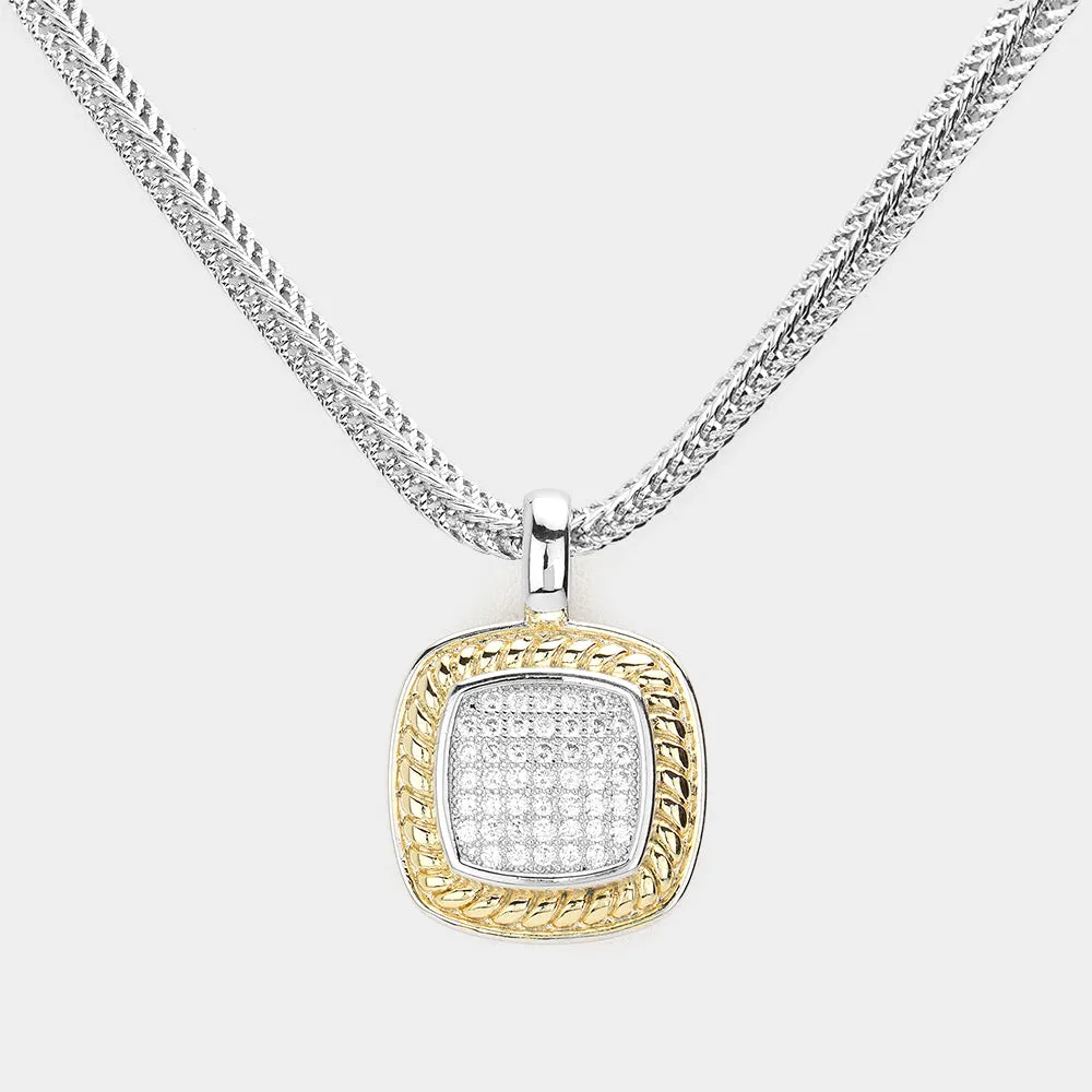 MHW Accessories - CZ Embellished, Elegant Square Pendant Necklace