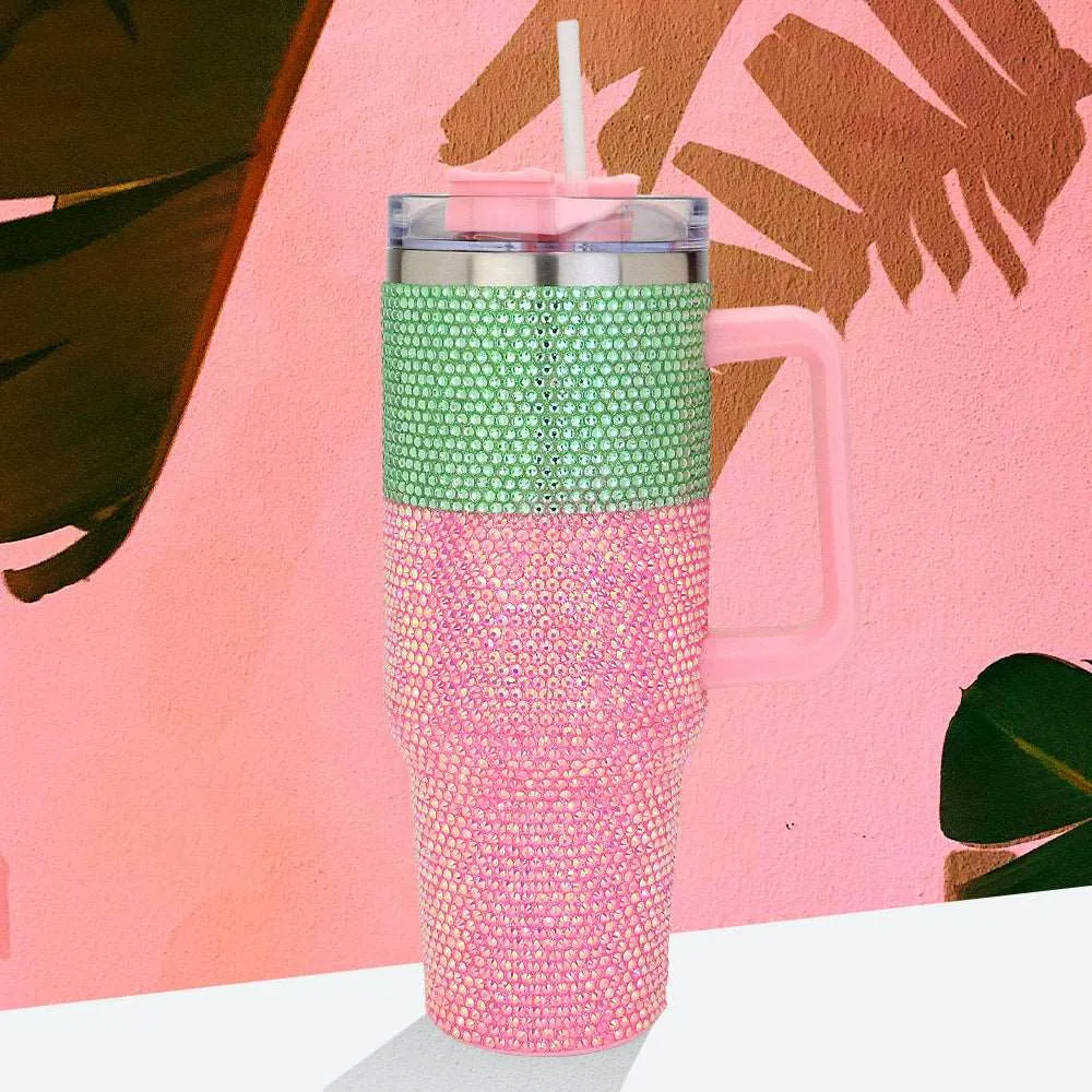 Pink and Green Bling Studded Stainless Steel Tumbler -M H W ACCESSORIES