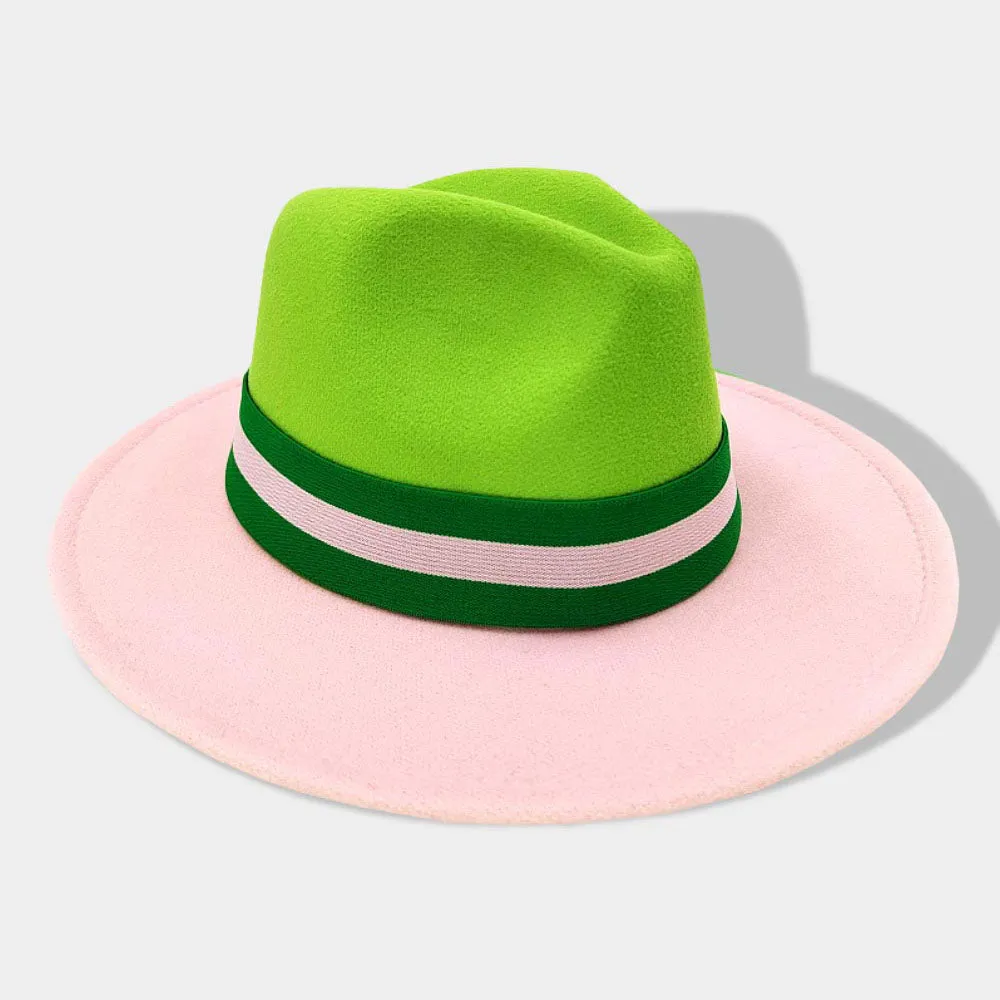 Pink and Green Color Blocked Fedora Hat-M H W ACCESSORIES