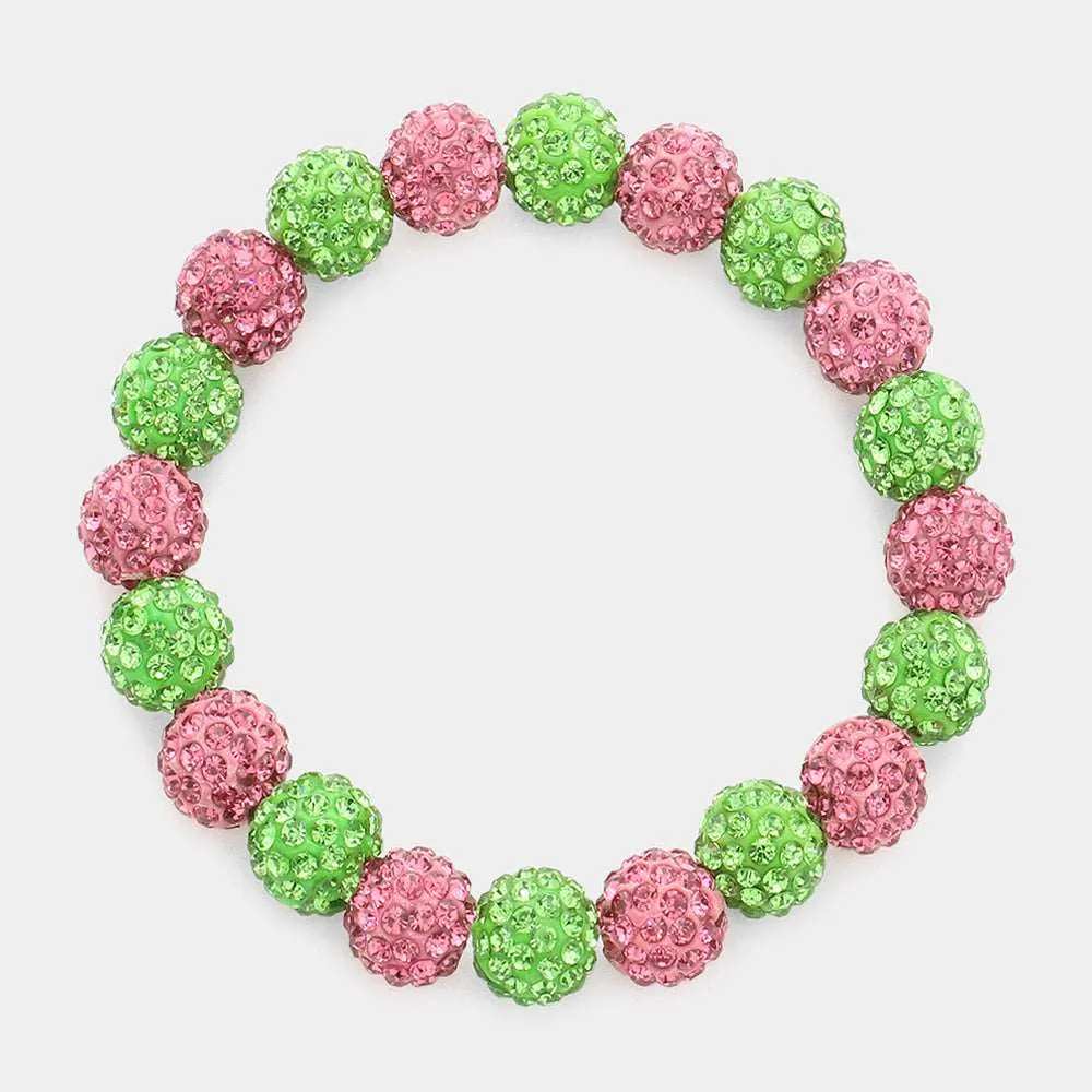 Pink and Green Shamballa Ball Stretch Bracelet- M H W ACCESSORIES