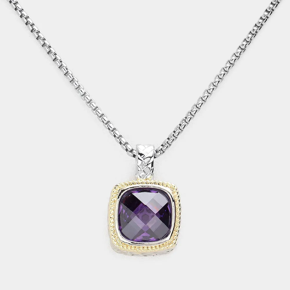 Purple Square Crystal Pendant Necklace- M H W ACCESSORIES