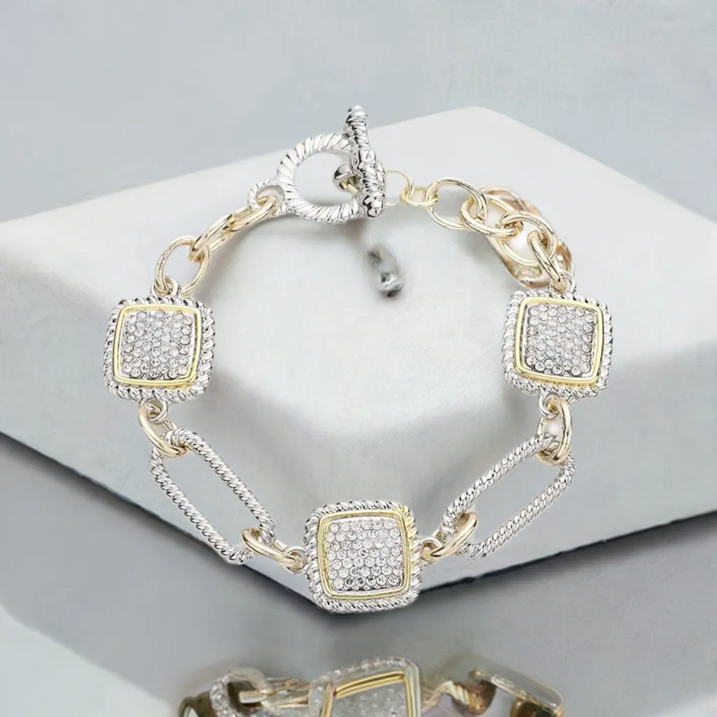 Silver and Gold Rhinestone Square Toggle Bracelet- M H W ACCESSORIES