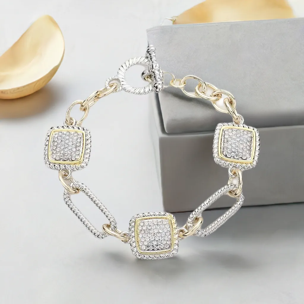 Silver and Gold Rhinestone Square Toggle Bracelet- M H W ACCESSORIES