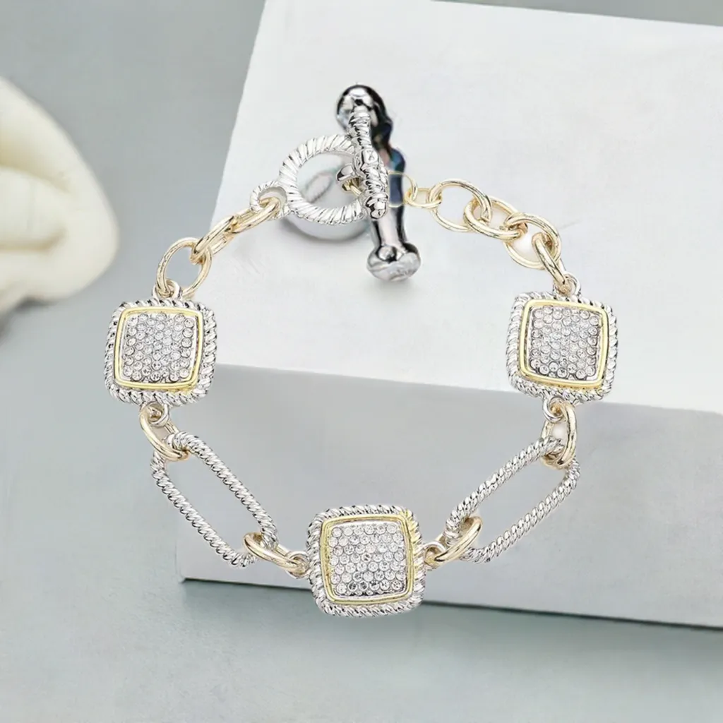 Silver and Gold Rhinestone Square Toggle Bracelet- M H W ACCESSORIES