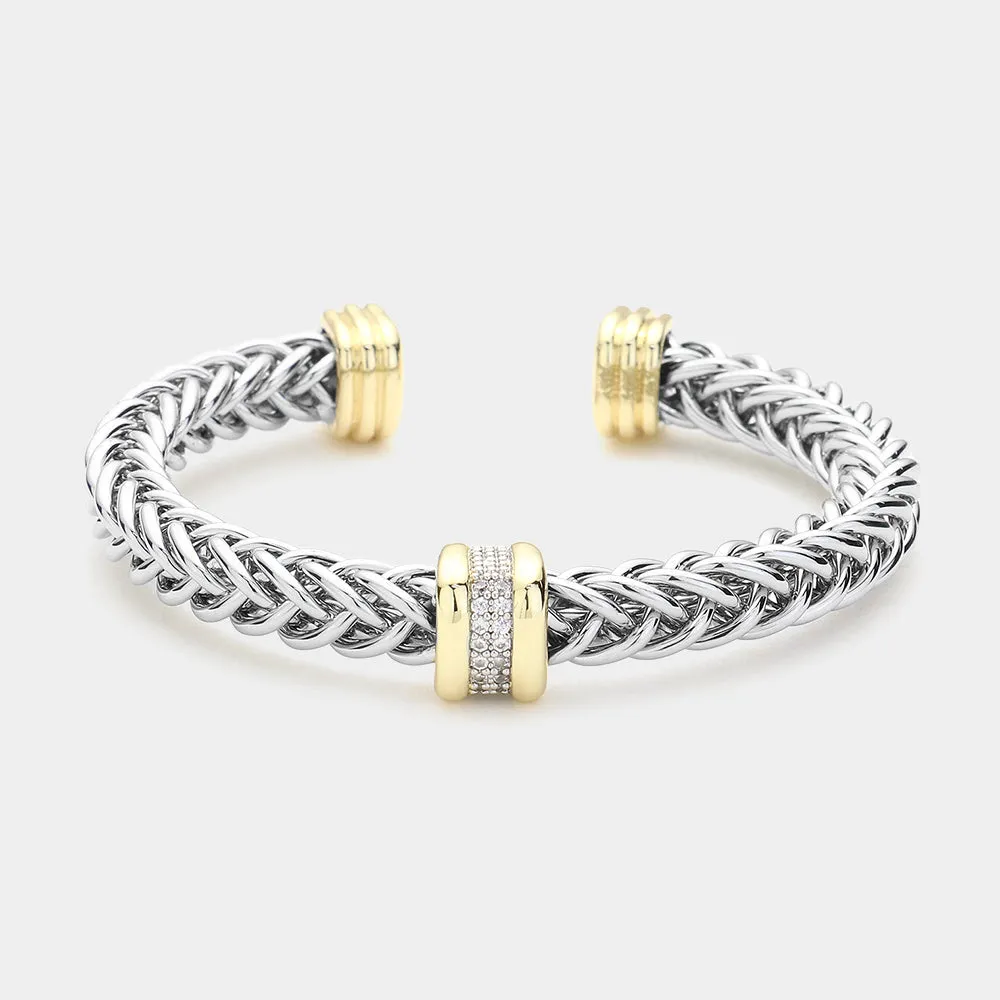 Silver CZ Twisted Braided Cable Cuff Bracelet-M H W ACCESSORIES