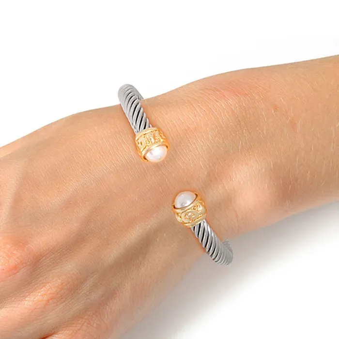 Silver Pearl Cable Cuff Bracelet- M H W ACCESSORIES