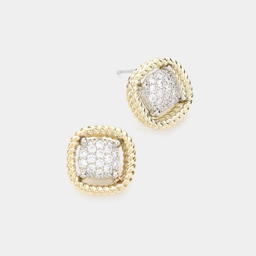 Silver Two Tone CZ Stud Earrings-M H W ACCESSORIES