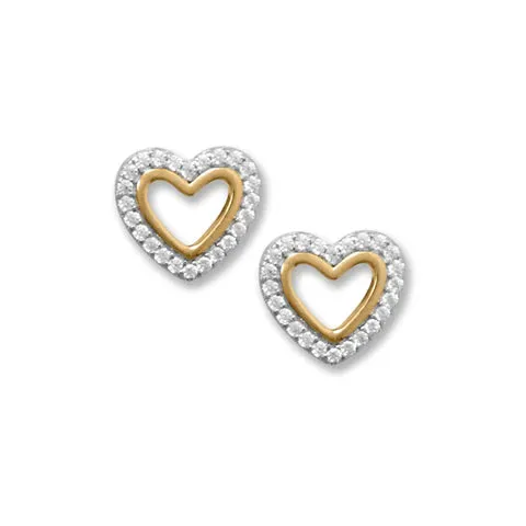 Two Tone CZ Heart Outline Earrings-M H W ACCESSORIES